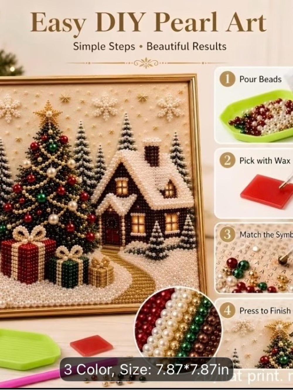 DIY Holiday Pearl Art White, Green, Red. Christmas scene tree gifts house snow
